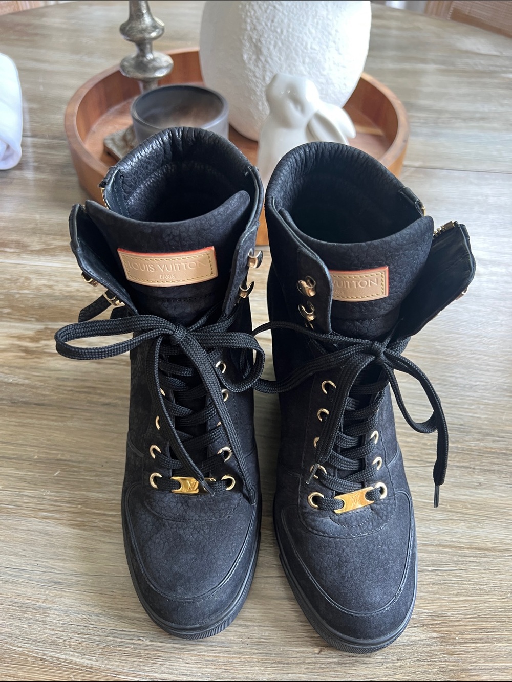 Louis Vuitton Black Lace-Up Wedge Ankle Boots with Gold Hardware - Picture 6 of 7